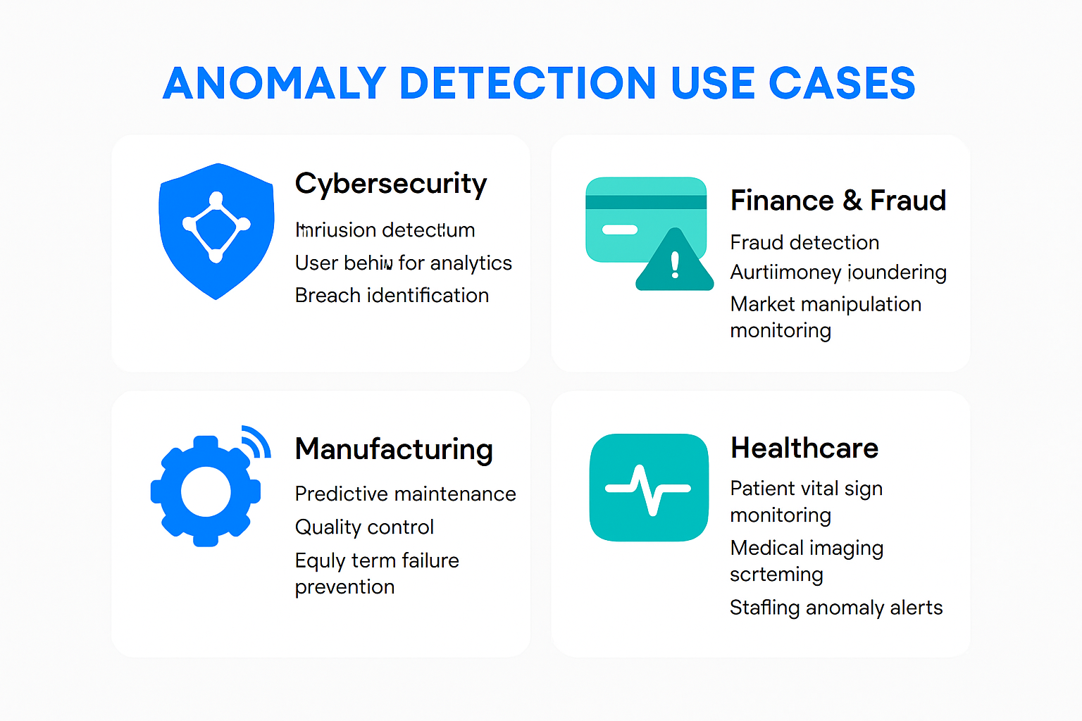 Infographic showing anomaly detection use cases across four industries: cybersecurity, finance and fraud, manufacturing, and healthcare with key applications listed