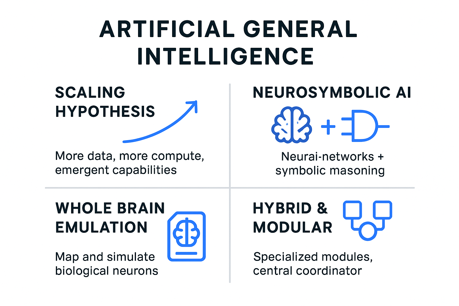 Infographic comparing four approaches to building AGI: scaling hypothesis, neurosymbolic AI, whole brain emulation, and hybrid modular architectures