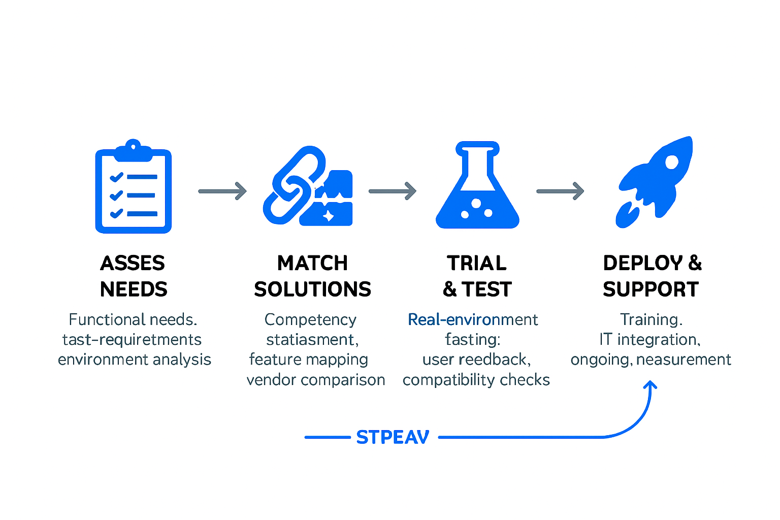 Infographic showing a four-step process for evaluating and implementing assistive technology: assess needs, match solutions, trial and test, deploy and support