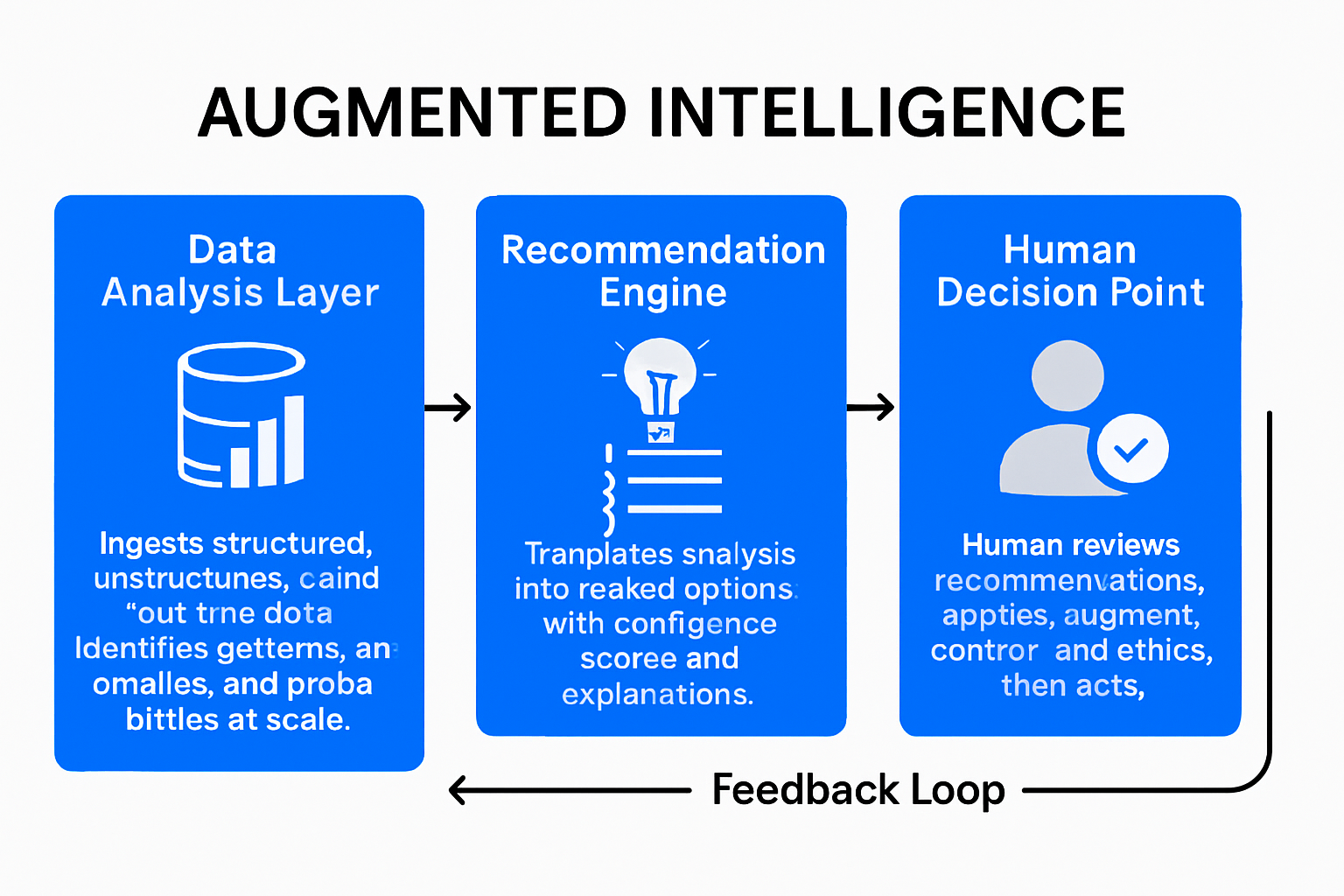 Infographic showing the three-layer architecture of augmented intelligence: data analysis, recommendation engine, and human decision point with a feedback loop