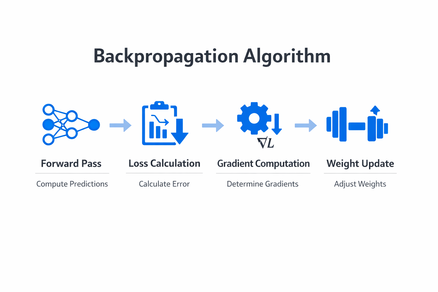 Infographic showing the key components and process of backpropagation algorithm