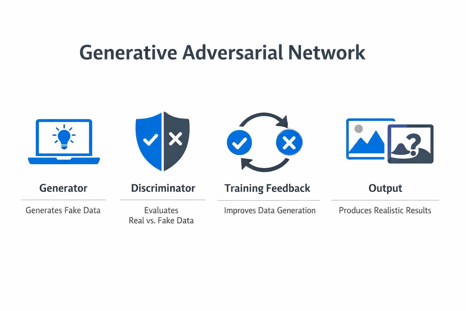 Infographic showing the key components and process of generative adversarial network