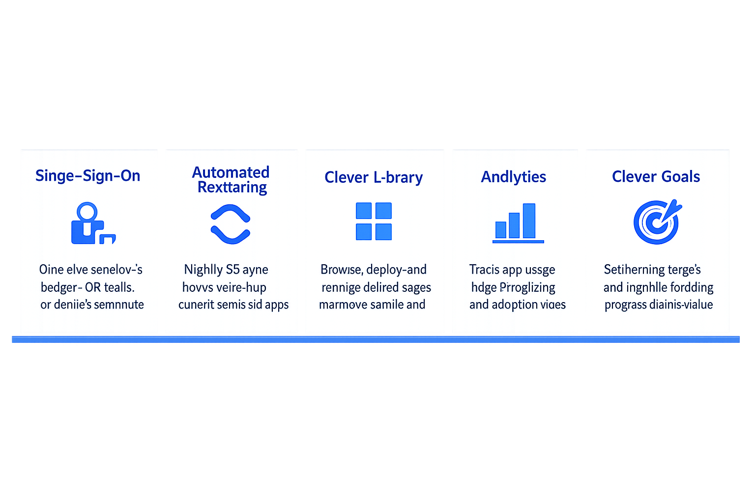 Infographic showing five key features of Clever: single sign-on portal, automated rostering, Clever Library, analytics and reporting, and Clever Goals