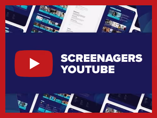 YouTube play button icon next to the text 'SCREENAGERS YOUTUBE' on a dark blue background with images of web pages around the edges.