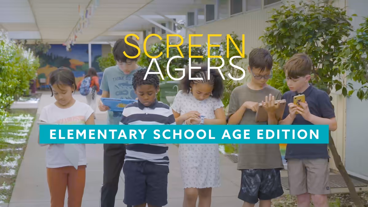 Screenagers Elementary poster, showing diverse group of 6 elementary school age kids using devices