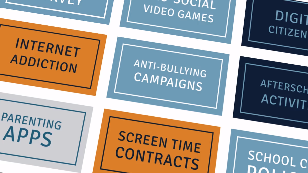 A graphic showing the screenagers resources page menu, with topics such as "Anti-Bullying Campaigns", "internet addiction" and "Parenting Apps"