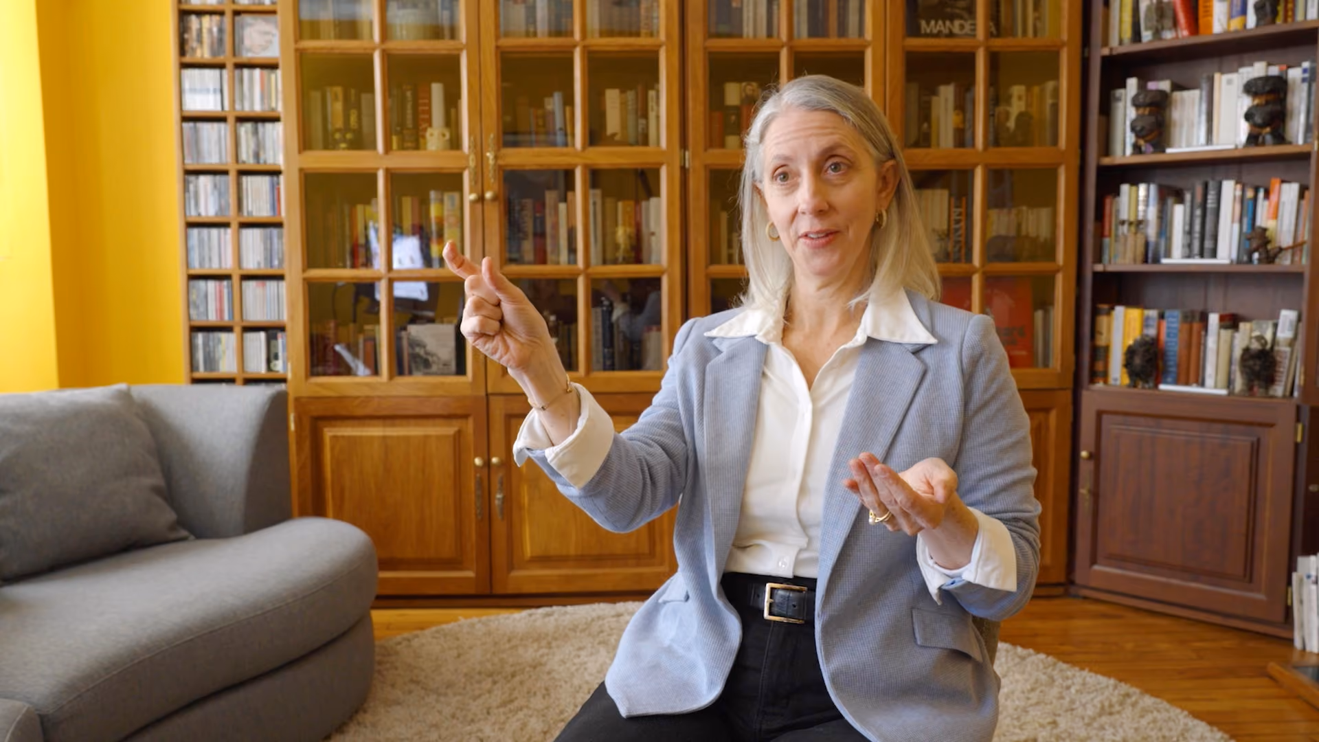 Peggy Orenstein speaking to camera sat in front of a packed bookcase