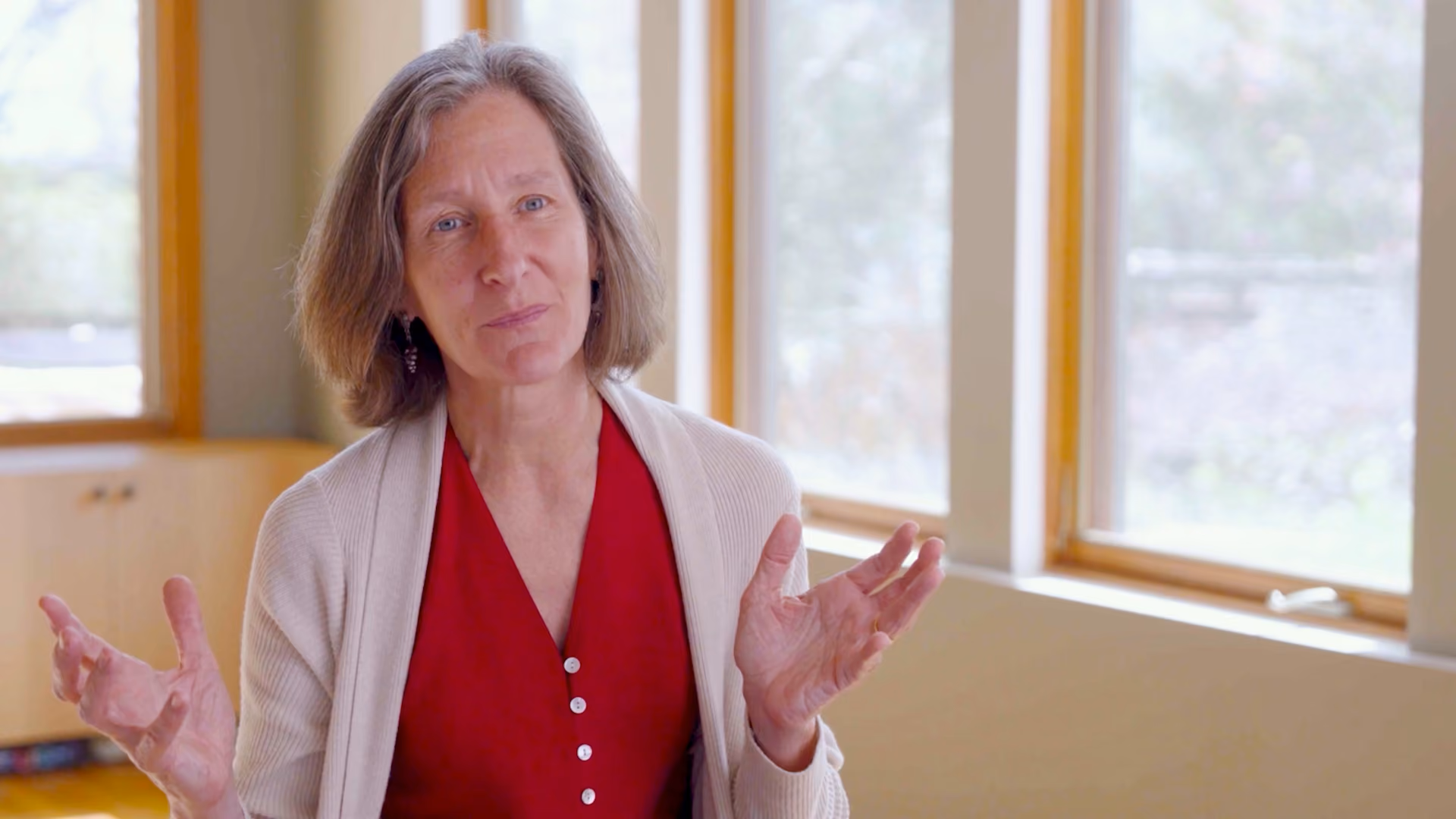 Peggy Orenstein speaking to camera sat in front of a packed bookcase