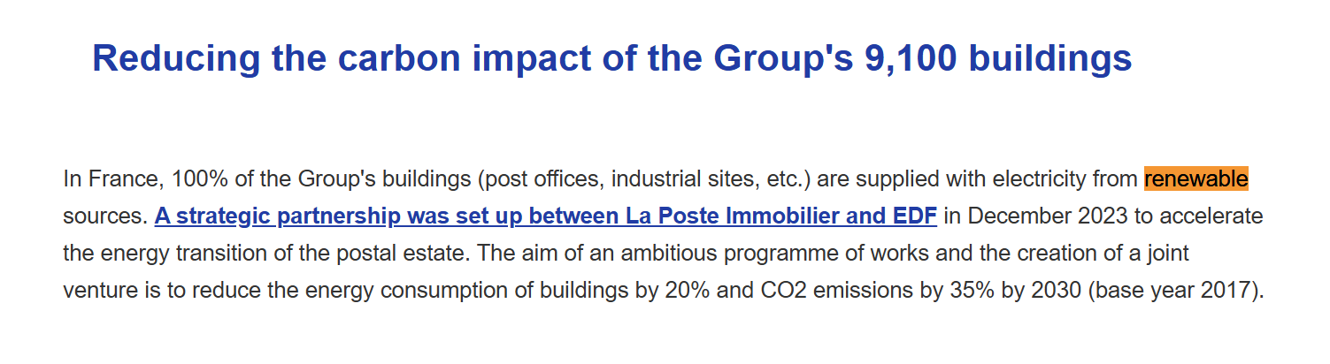 La Poste's disclosure on renewable electricity. Source: https://www.lapostegroupe.com/en/carbon-neutrality