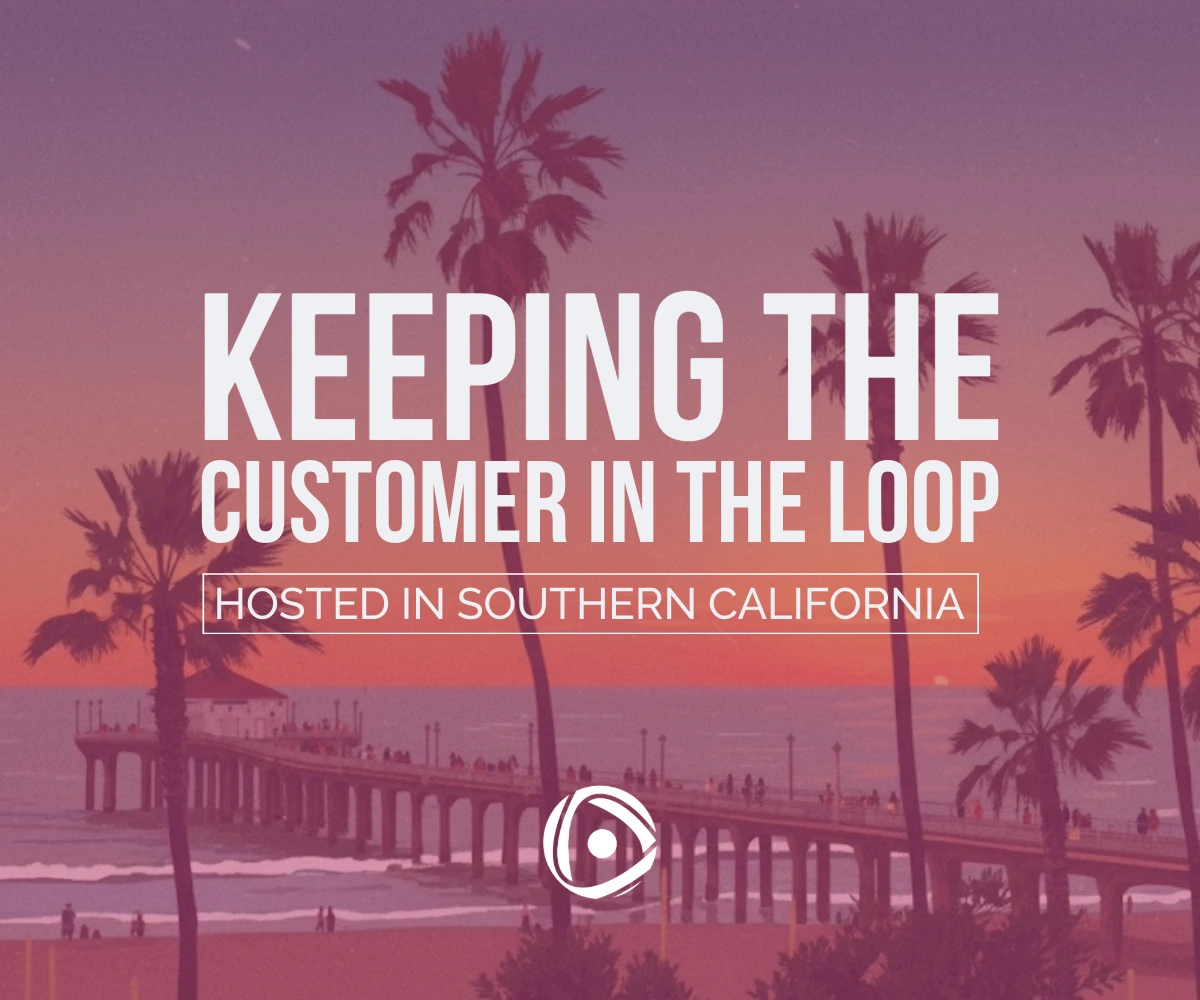 A stylized sunset illustration of a Southern California beach with tall palm trees framing a long pier that extends into calm ocean water. The sky transitions from purple to orange. White text in the center reads Keeping the Customer in the Loop with a smaller line that says Hosted in Southern California. The Centercode logo appears near the bottom.