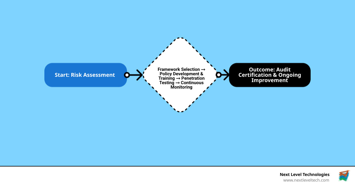 Infographic showing the compliance journey: step-by-step process from risk assessment, framework selection, policy development and training, penetration testing, continuous monitoring, to audit certification and ongoing improvement - Cybersecurity compliance services infographic flowmap_simple