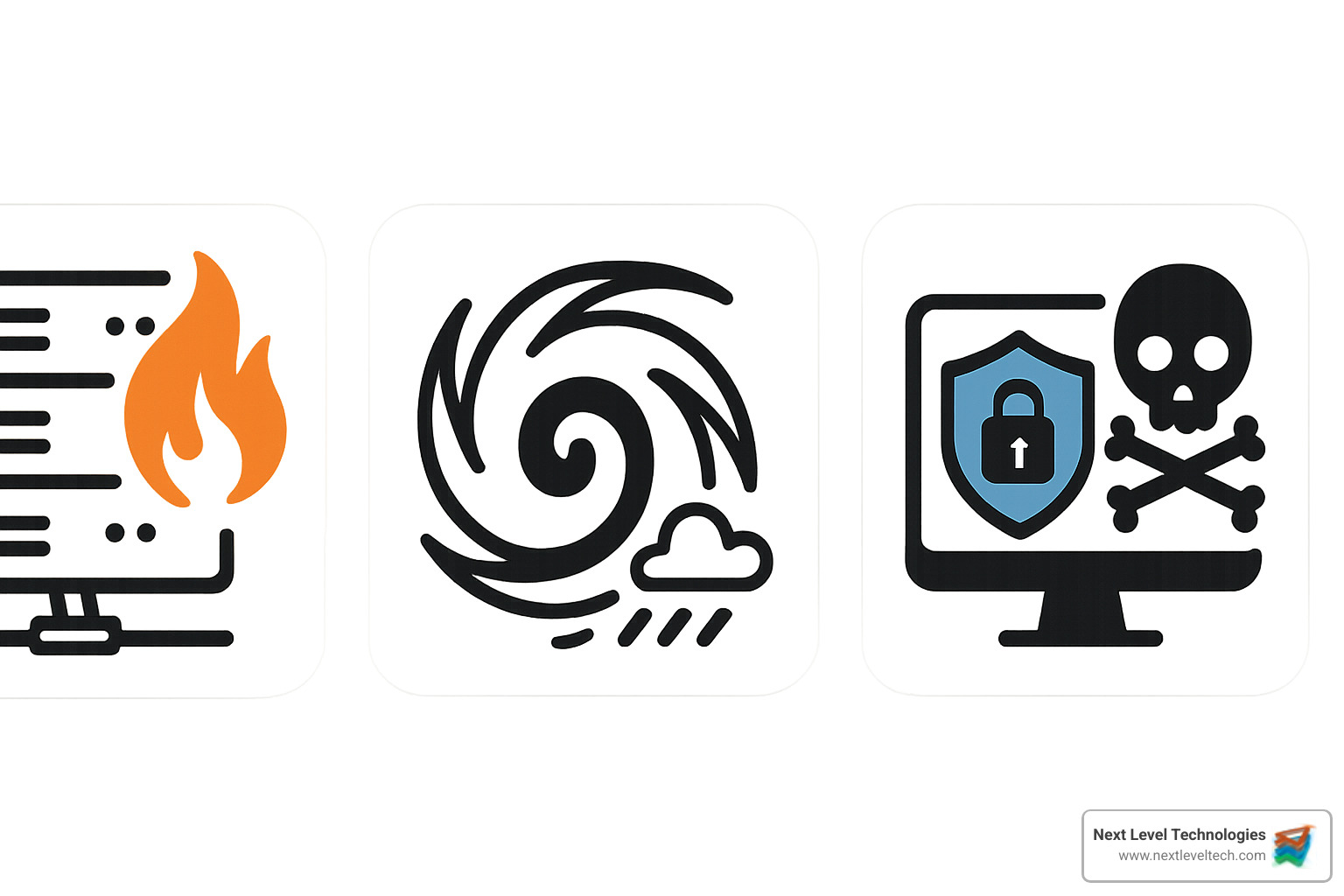 Various threats including server room fire, hurricane, and cybersecurity breach icons - disaster recovery plan for banks