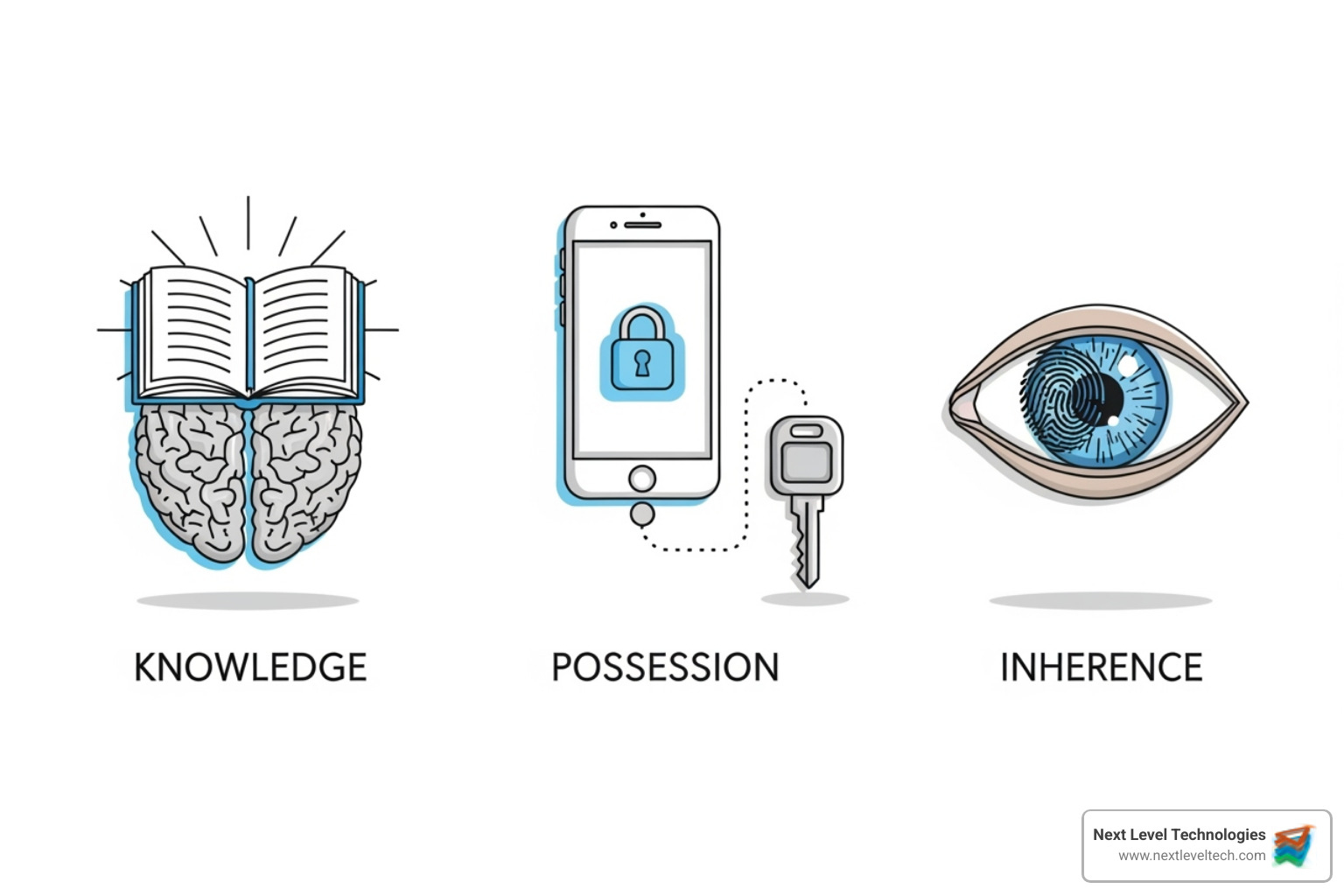 three icons representing Knowledge (brain/key), Possession (phone/token), and Inherence (fingerprint/eye) - online multi factor authentication
