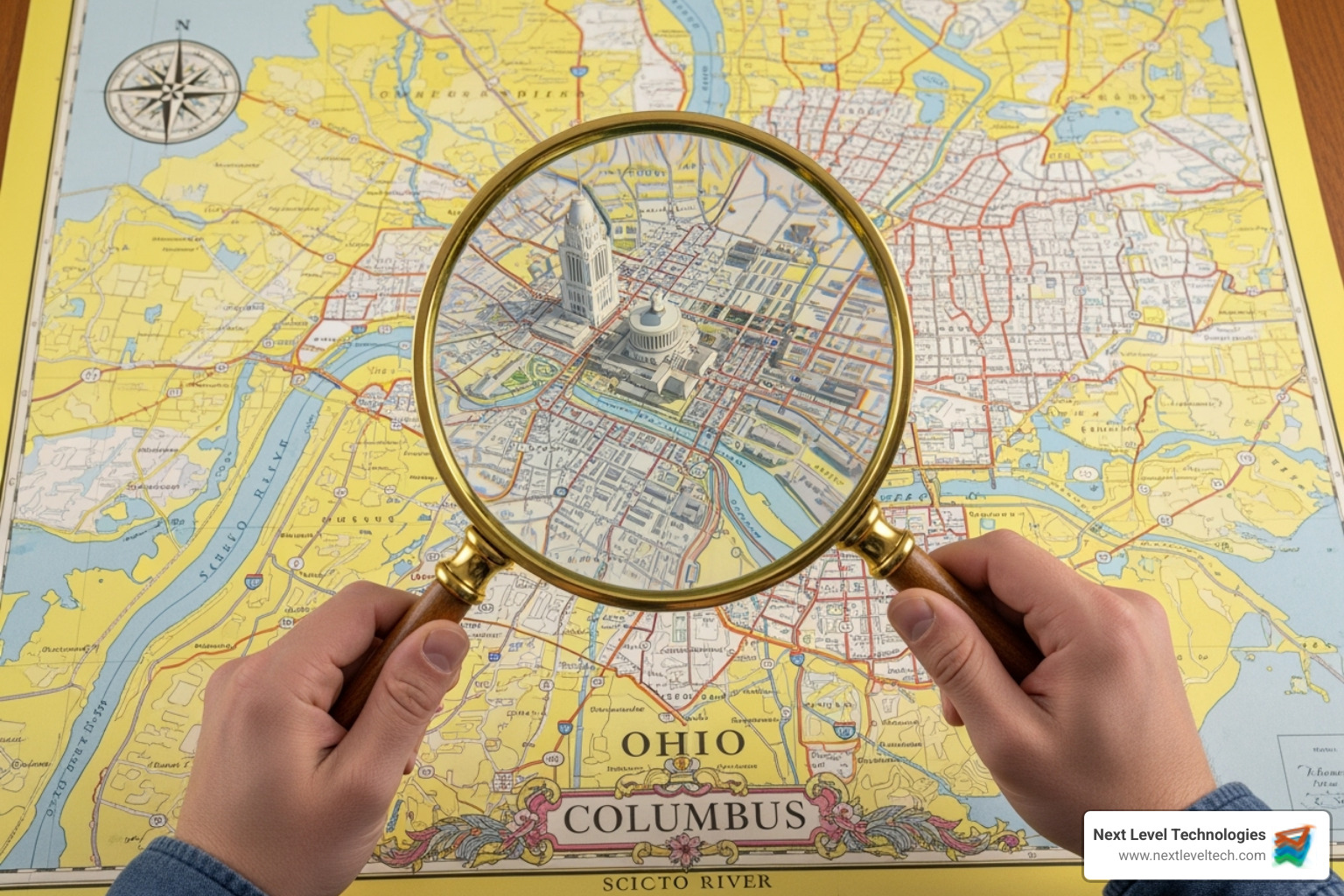magnifying glass over Columbus map - Data recovery Columbus Ohio