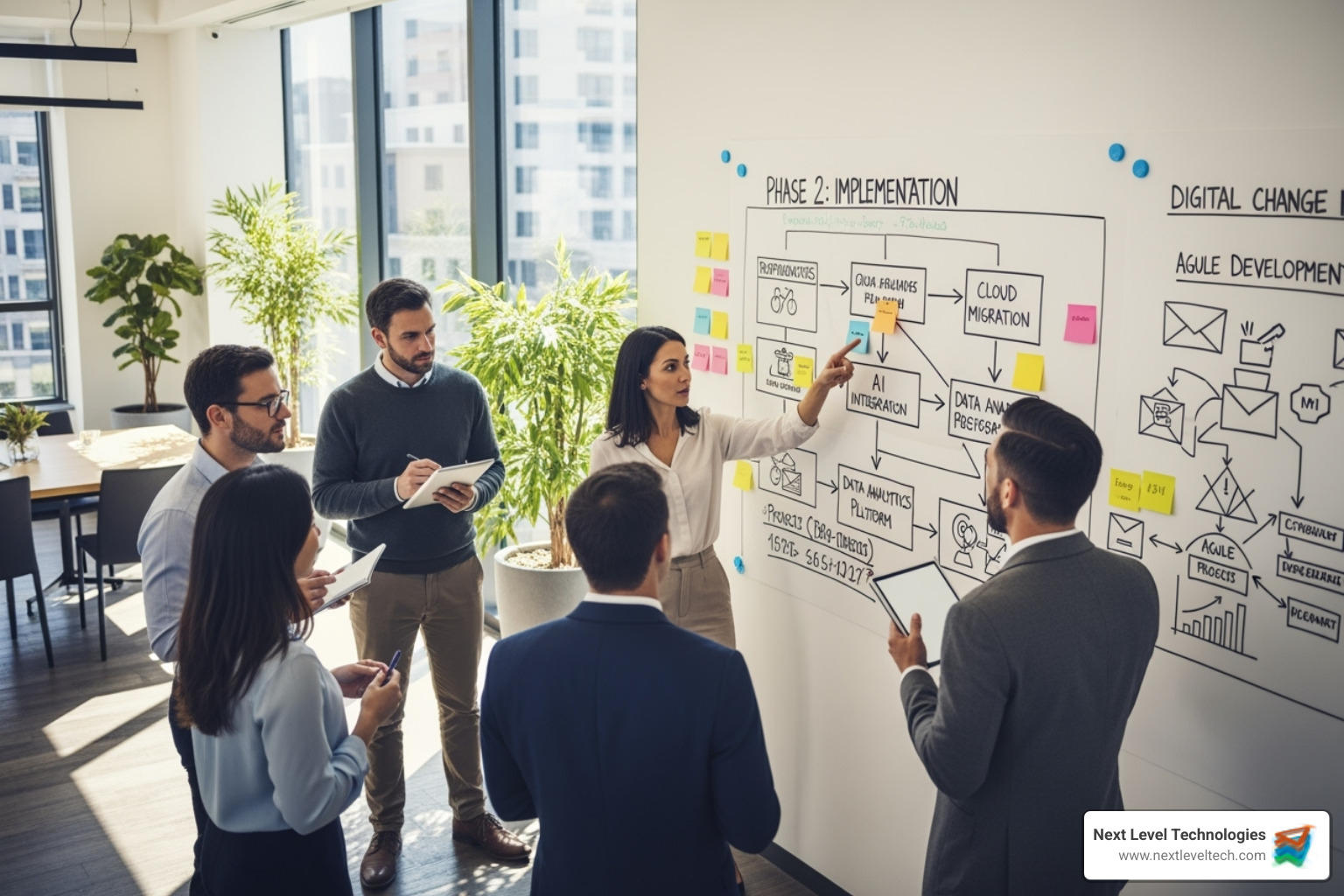 team collaborating on a digital change roadmap on a whiteboard - IT solutions for insurance
