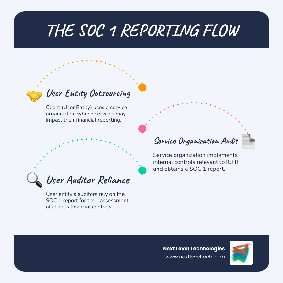 Infographic showing the flow from user entity outsourcing financial services to service organization, service organization implementing controls, independent auditor evaluating controls, SOC 1 report being issued, and user entity auditor relying on the report - soc 1 compliance infographic infographic-line-3-steps-blues-accent_colors