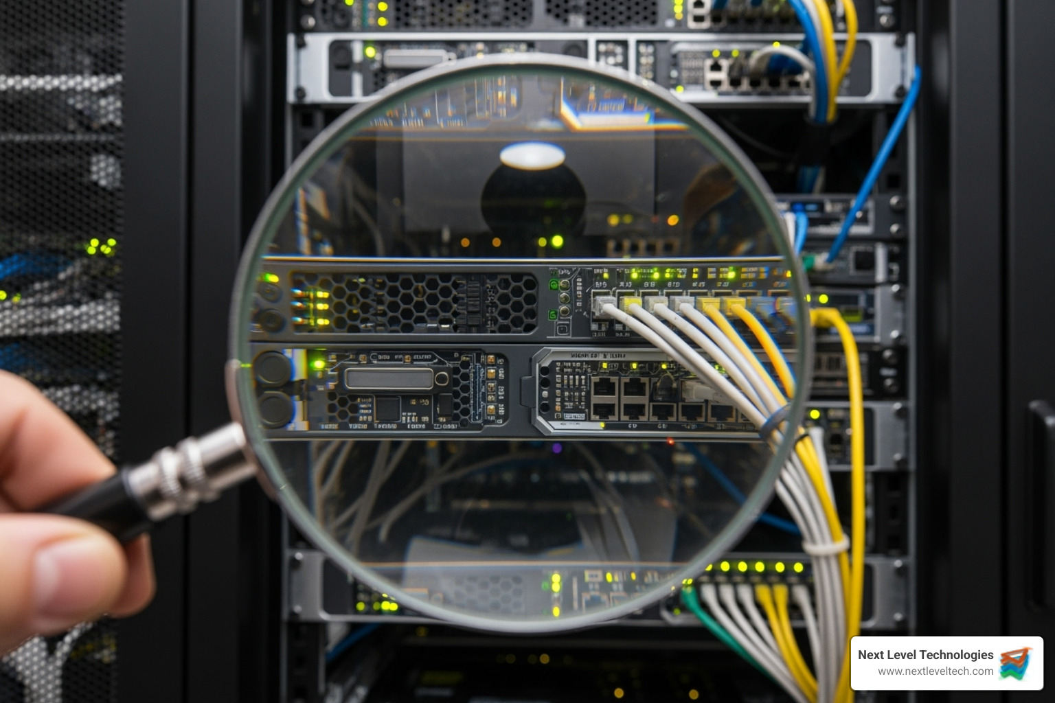 magnifying glass over a server rack representing an audit - soc 1 compliance
