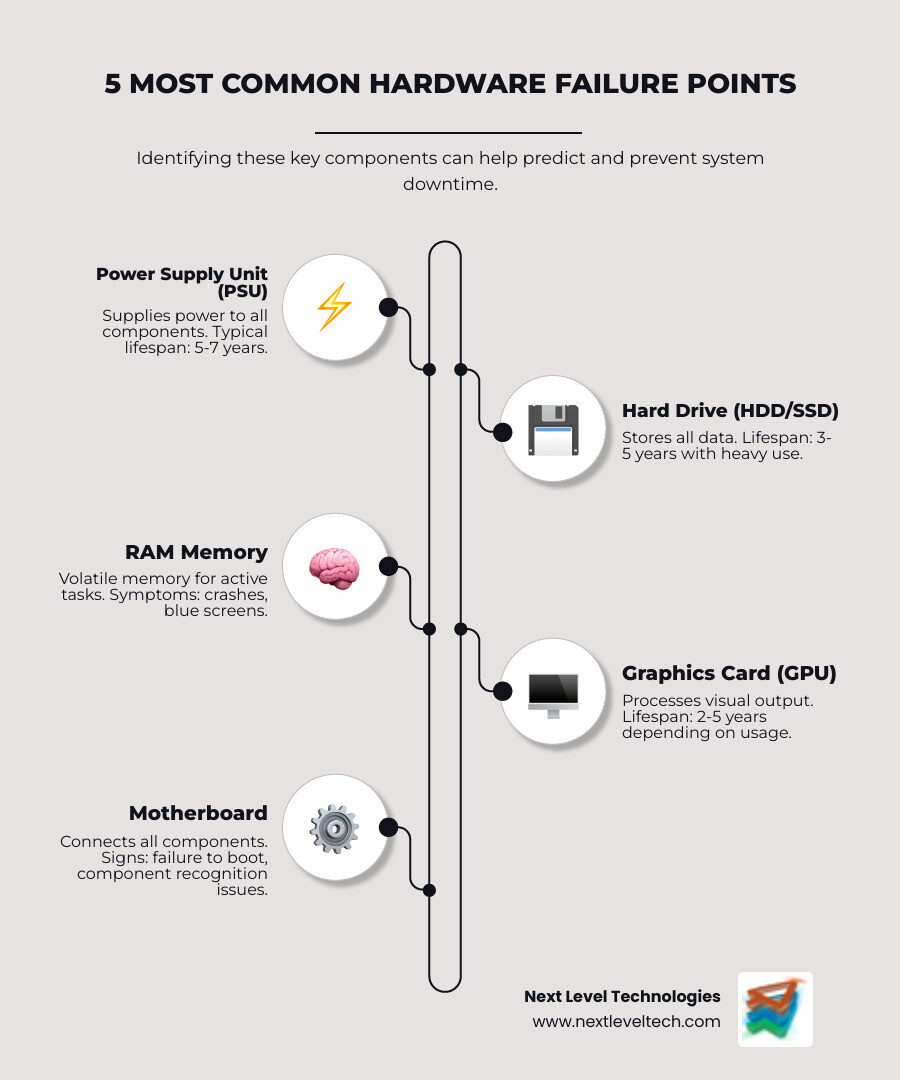 Infographic showing the 5 most common computer hardware failure points: Power Supply Unit (5-7 year lifespan), Hard Drive (3-5 years with heavy use), RAM Memory (symptoms include crashes and blue screens), Graphics Card (2-5 years depending on usage), and Motherboard (signs include failure to boot and component recognition issues) - computer hardware problems and solutions infographic infographic-line-5-steps-neat_beige