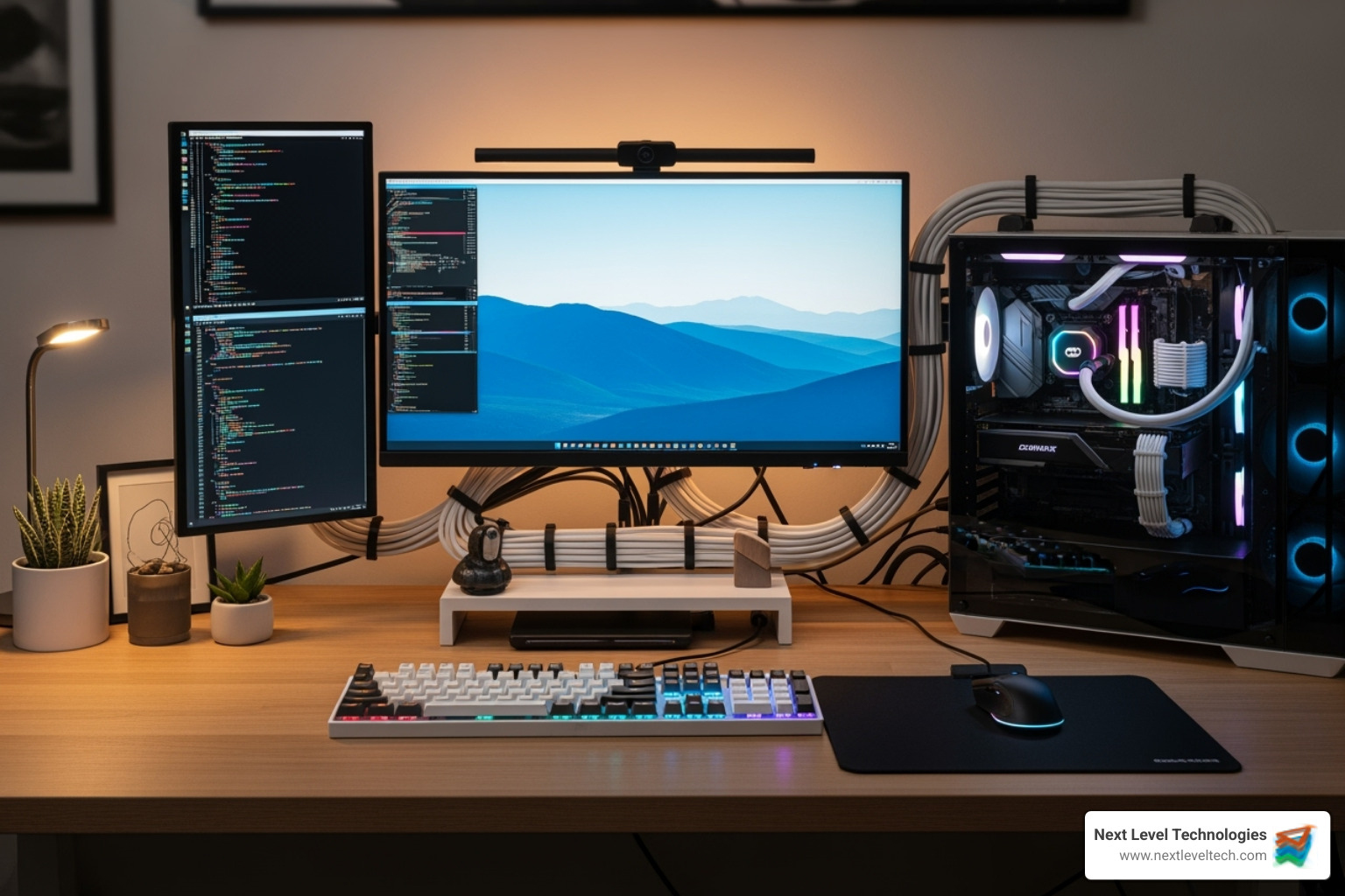 A well-maintained, organized computer setup, showcasing clean components and proper cable management - computer hardware problems and solutions