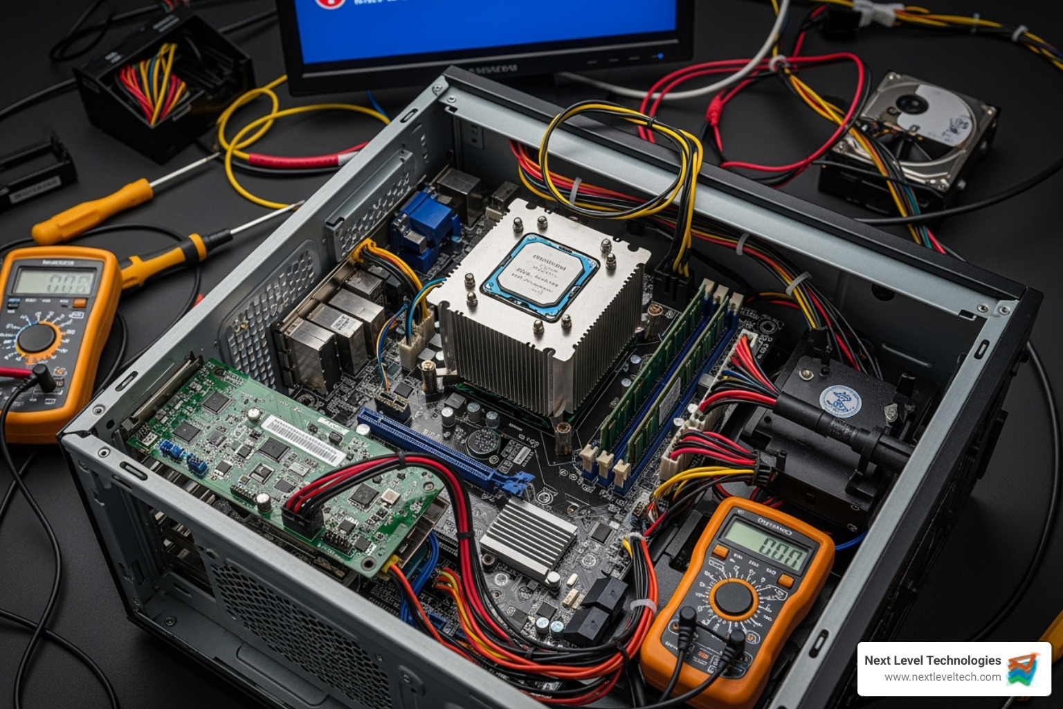 The inside of a clean PC case showing all the components, highlighting organized cables and visible parts - computer hardware problems and solutions
