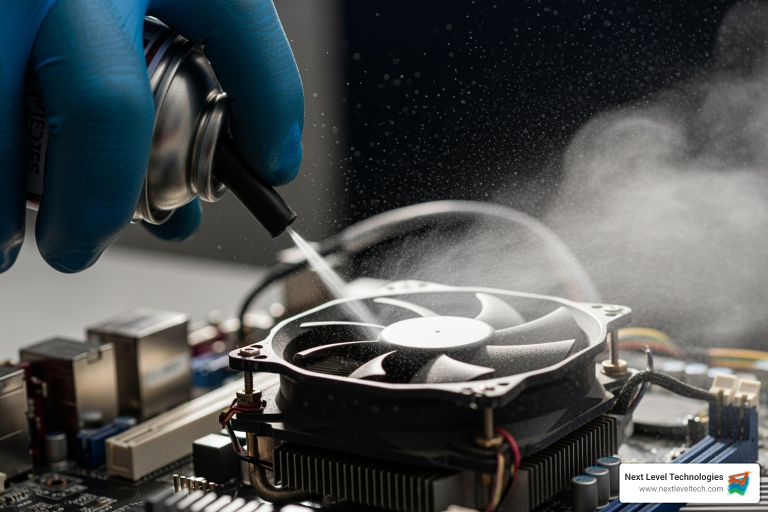A technician carefully cleaning dust from a computer fan with compressed air, showing dust being expelled - computer hardware problems and solutions