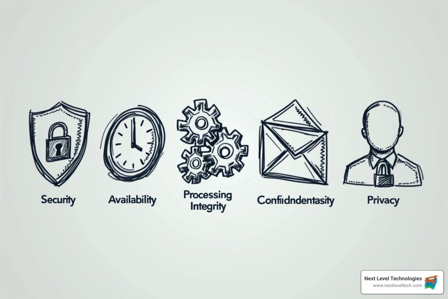 five icons representing each Trust Service Criterion - soc 2 assessment