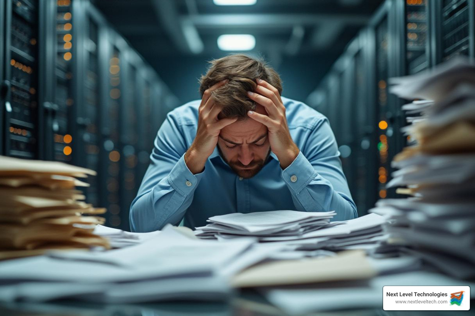 stressed IT manager surrounded by paperwork and servers - cybersecurity audit and compliance solutions