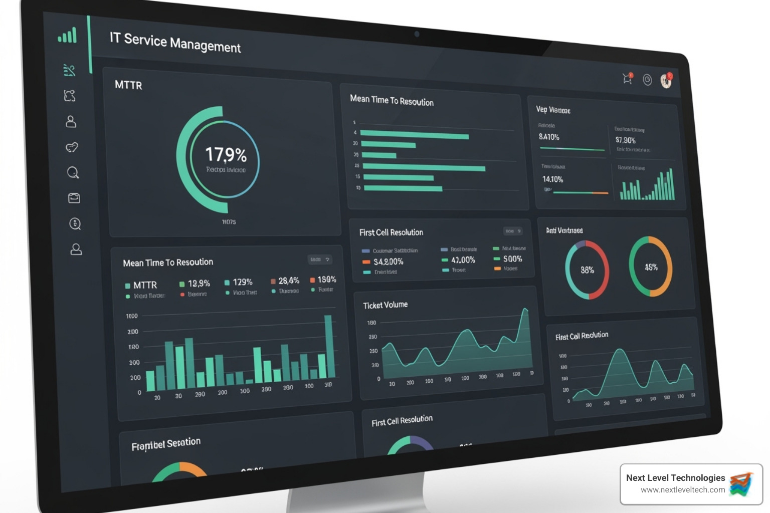 Dashboard showing key service desk metrics like Mean Time To Resolution (MTTR) and user satisfaction scores - itsm help desk