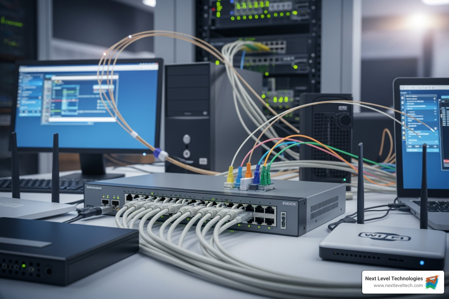 Various network hardware devices laid out, such as a router, switch, firewall, and NIC - computer hardware networking