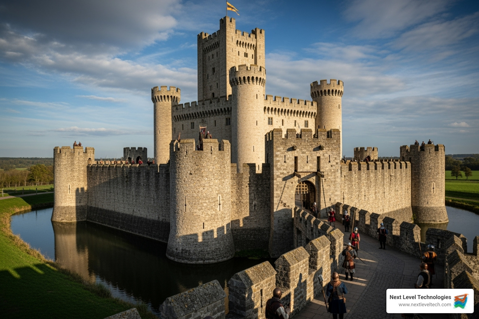 Castle with multiple layers of defense (moat, walls, guards) labeled with security concepts (firewall, EDR, MFA) - it infrastructure and security