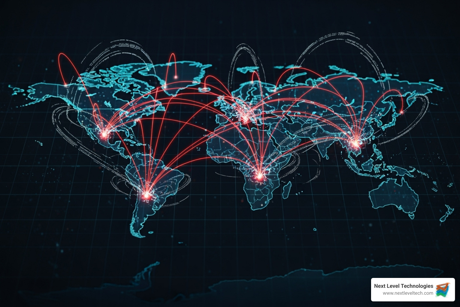 World map with cyber threat vectors originating from different points - it infrastructure and security