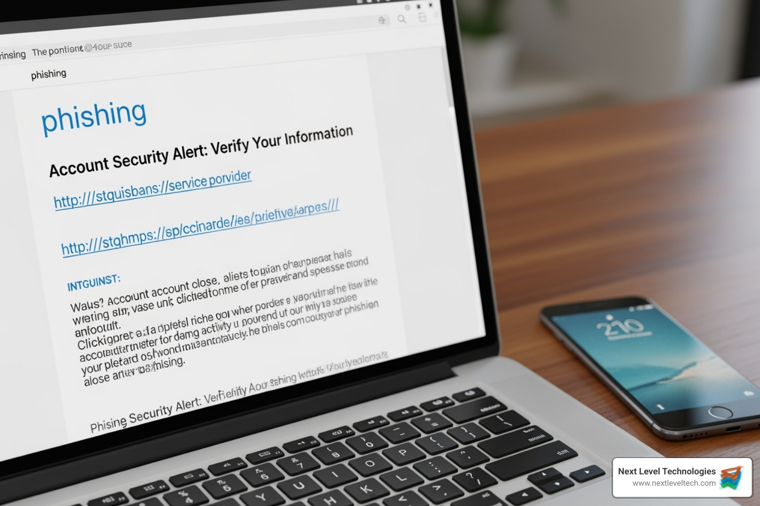phishing email on a laptop screen next to a locked phone - authenticator app
