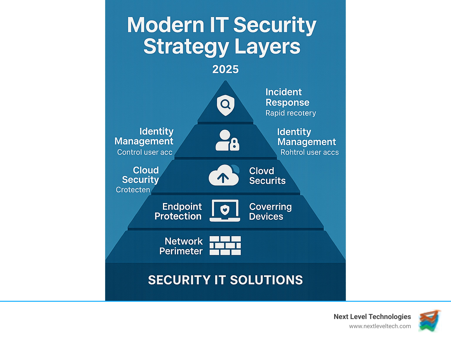 Modern IT Security Strategy Layers - showing network perimeter security at the base, endpoint protection covering devices, cloud security protecting remote resources, identity management controlling user access, threat detection monitoring all systems, and incident response at the top for rapid recovery - security it solutions infographic 