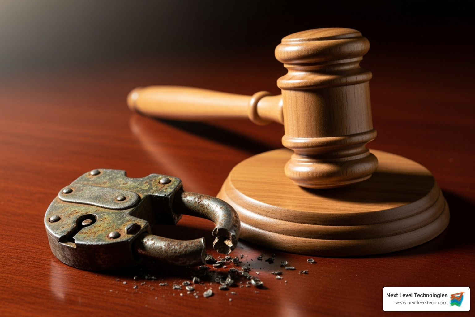 gavel and broken lock symbolizing legal and security risks - secure file sharing finance