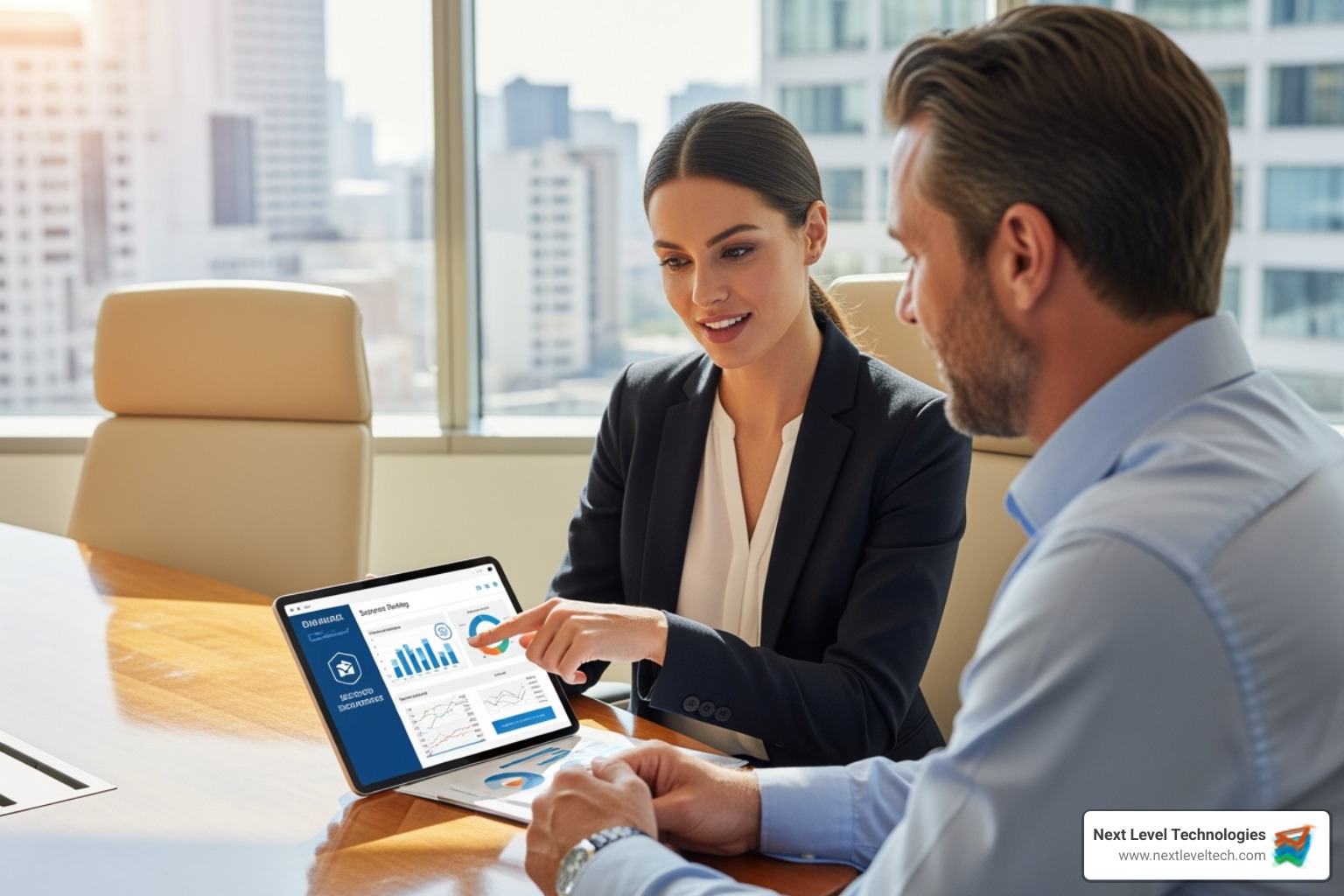 financial advisor securely sharing a document with a client on a tablet - secure file sharing finance
