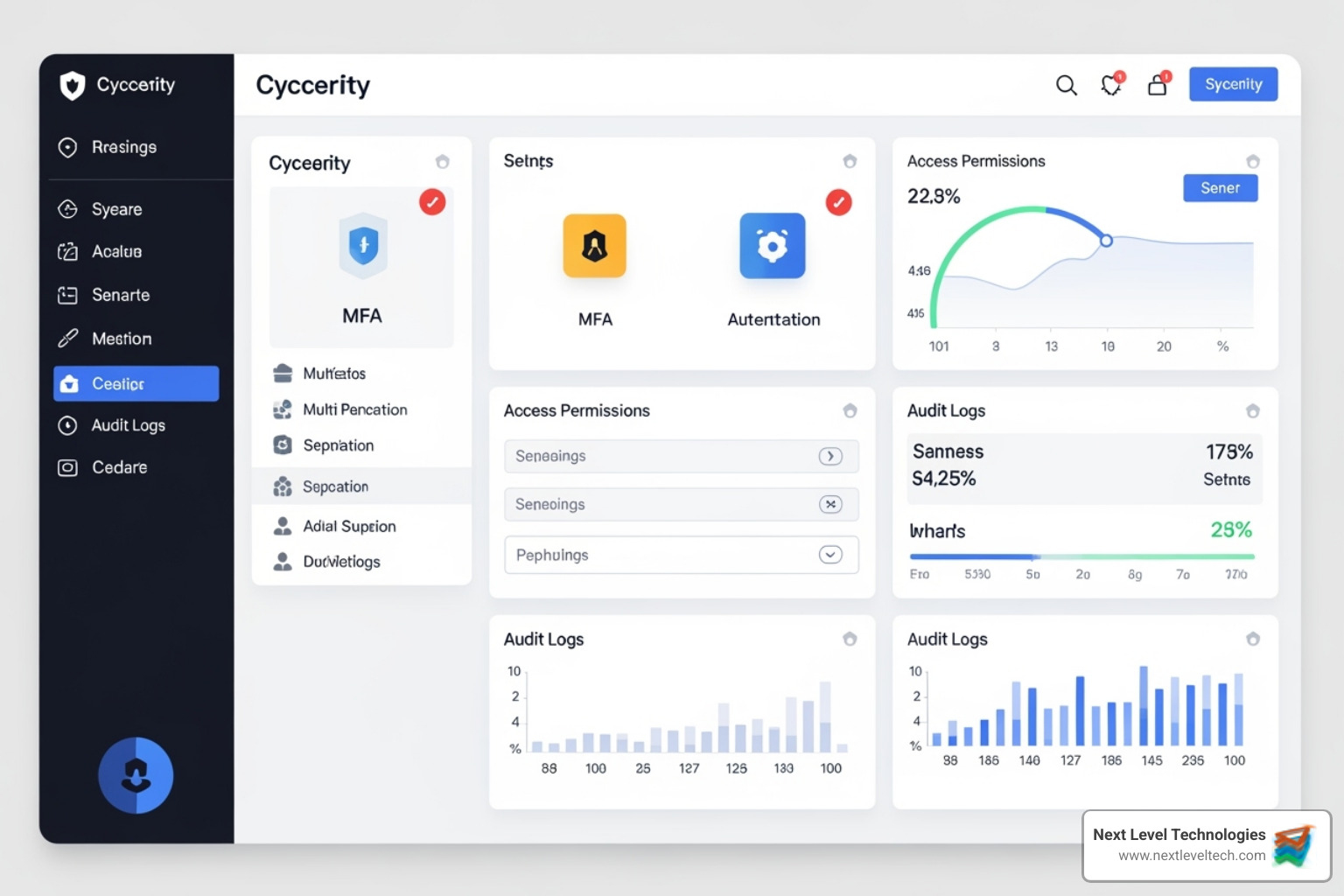 digital dashboard showing security features like MFA, permissions, and audit logs - secure file sharing finance