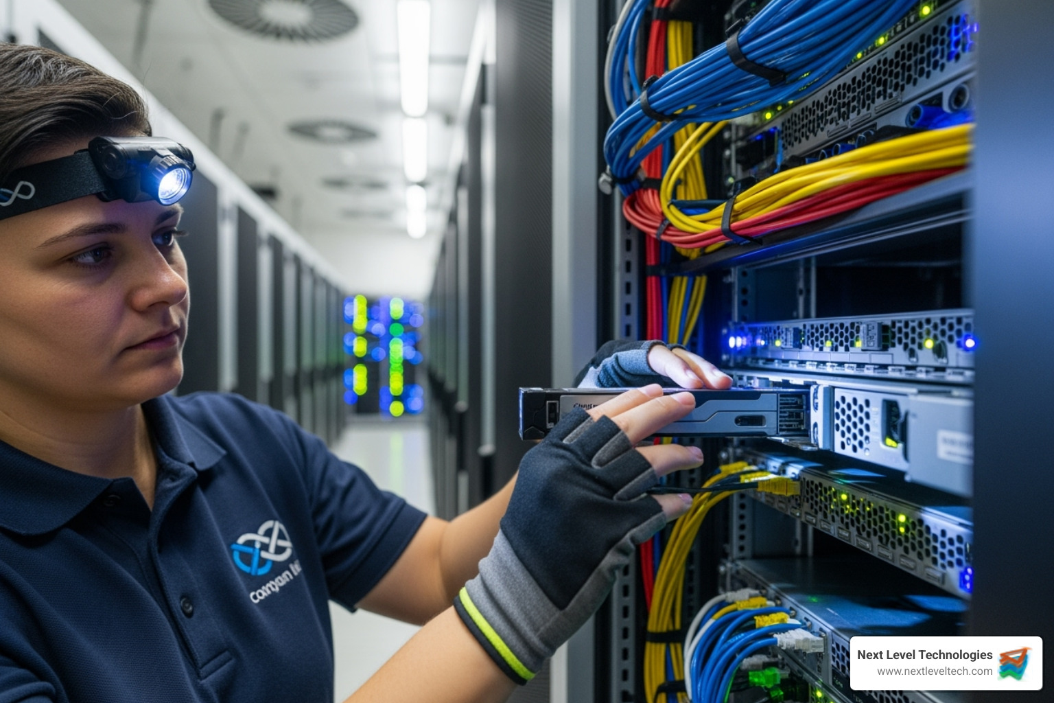 technician installing a server rack component - computer security hardware solutions