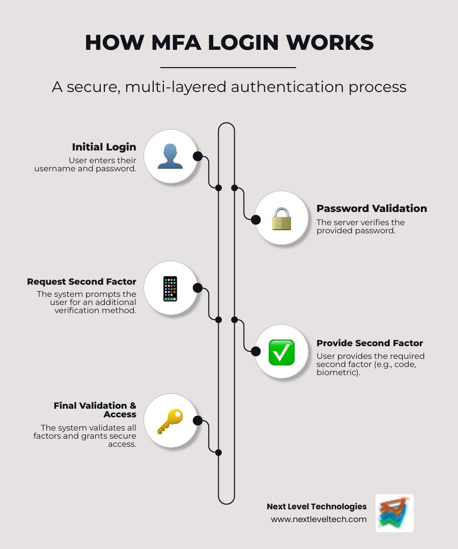 Infographic showing MFA login process: User enters password, server validates, requests second factor like phone code, user provides code, server validates both factors, access granted - how does multi factor authentication work infographic infographic-line-5-steps-neat_beige