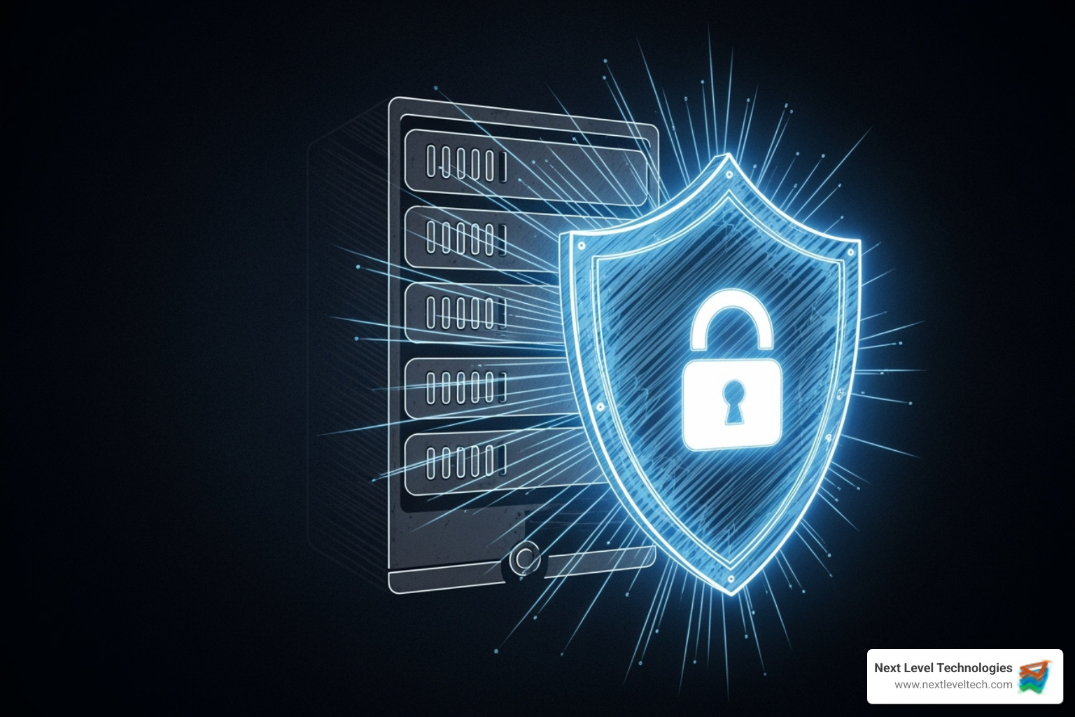 a digital security shield protecting a server icon - small business server installation