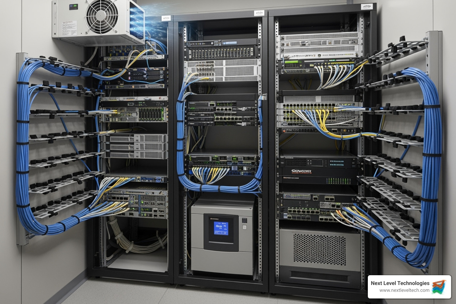 an ideal server closet with proper cooling and power backup - small business server installation
