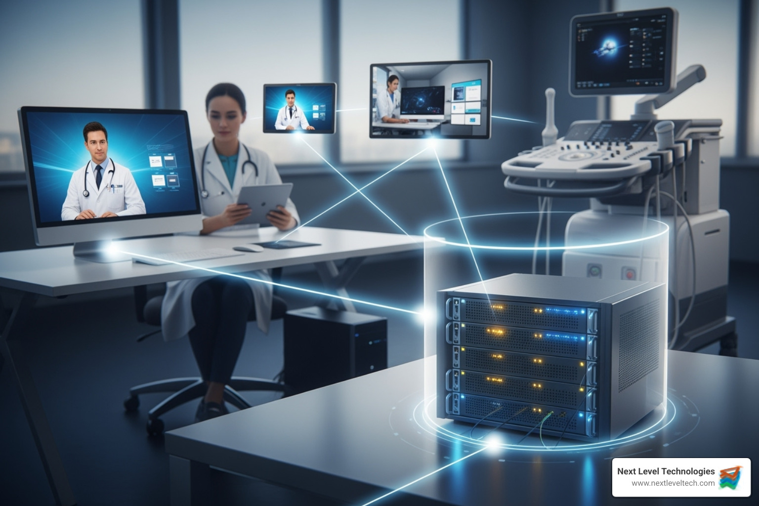 A network diagram showing a central server connected to multiple workstations, mobile devices, and specialized medical devices. A firewall acts as a gateway to the internet and cloud services, with arrows indicating data flow and security measures. - IT support for medical offices