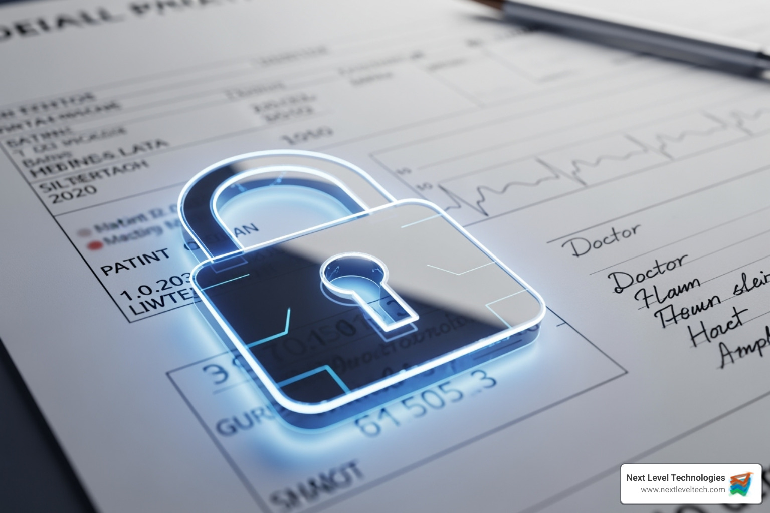 A digital padlock icon superimposed on a medical chart, symbolizing data security and patient privacy in healthcare. - IT support for medical offices