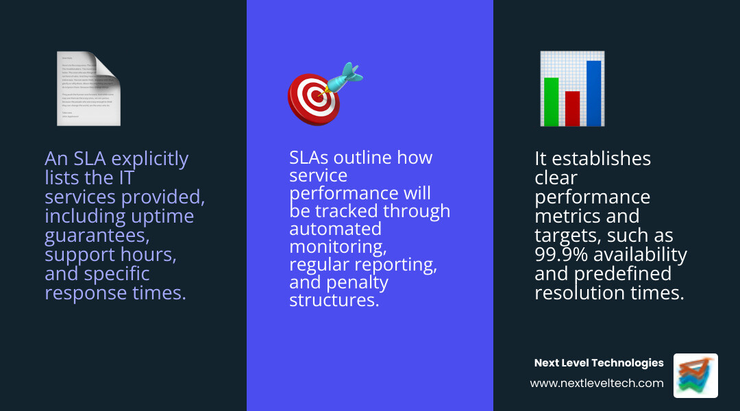 Comprehensive infographic showing the three core purposes of an IT Service Level Agreement: 1) Define Services - listing specific IT services covered including uptime guarantees, support hours, and response times, 2) Set Expectations - showing clear metrics like 99.9% availability, 4-hour response times, and resolution targets, and 3) Measure Performance - displaying tracking methods including automated monitoring, regular reporting, and penalty structures for missed targets - IT service level agreement infographic 3_facts_emoji_blue