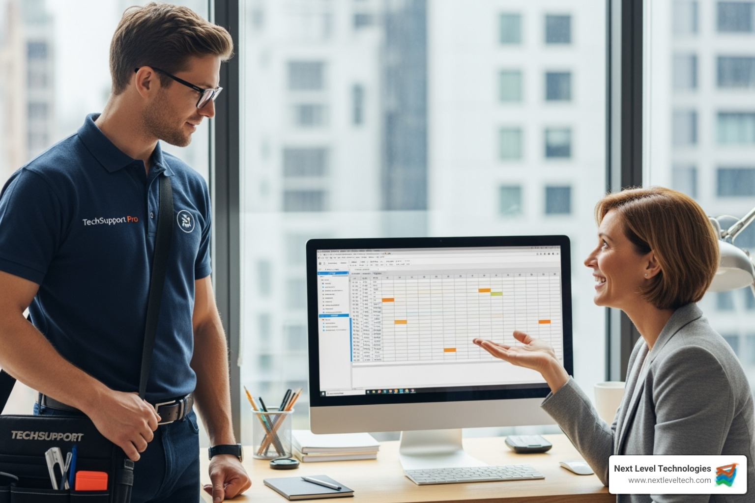 business owner looking relieved talking to IT technician - IT service level agreement