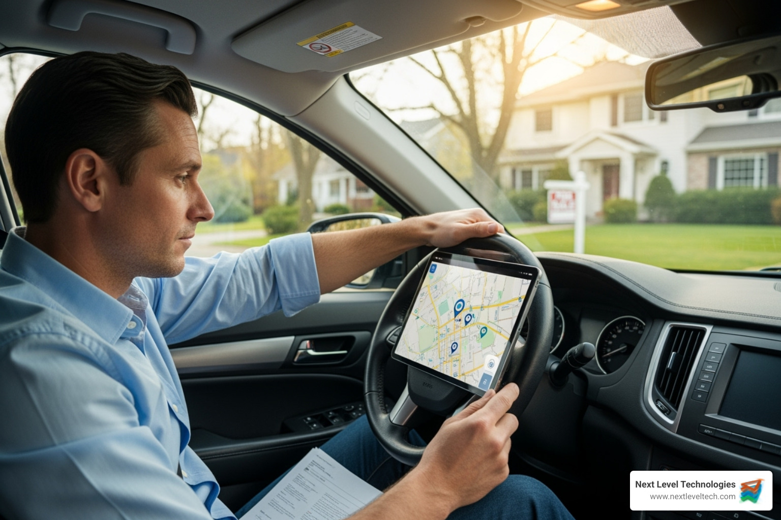 Realtor working from a car between showings - IT support for realtors Realtor working from a car between showings - IT support for realtors