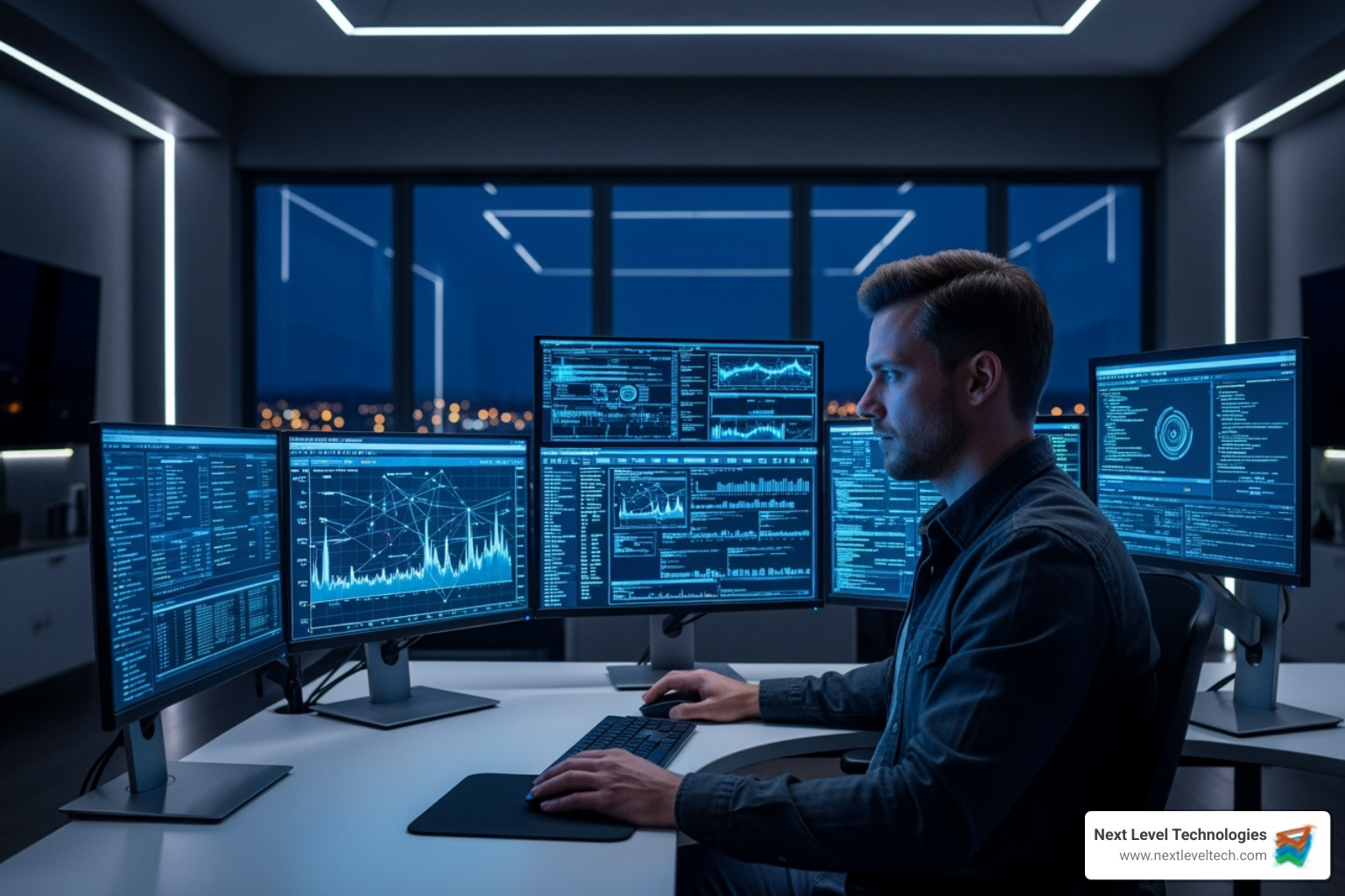 IT professional proactively monitoring a network on multiple screens - IT support for realtors IT professional proactively monitoring a network on multiple screens - IT support for realtors