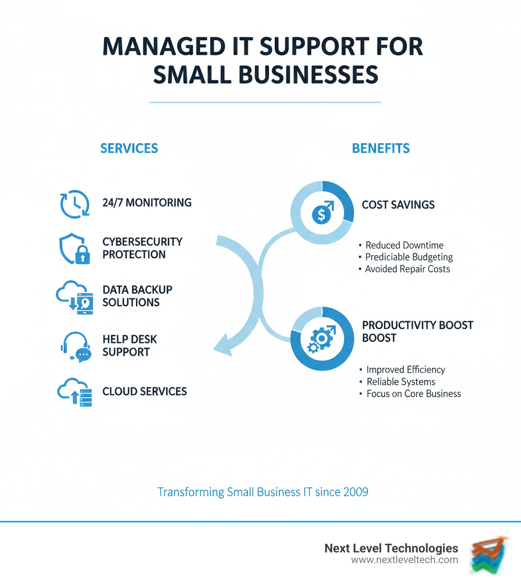 Comprehensive breakdown of managed IT support services including 24/7 monitoring, cybersecurity protection, data backup solutions, help desk support, and cloud services with associated cost savings and productivity benefits for small businesses - IT Support for Small Businesses infographic Comprehensive breakdown of managed IT support services including 24/7 monitoring, cybersecurity protection, data backup solutions, help desk support, and cloud services with associated cost savings and productivity benefits for small businesses - IT Support for Small Businesses infographic