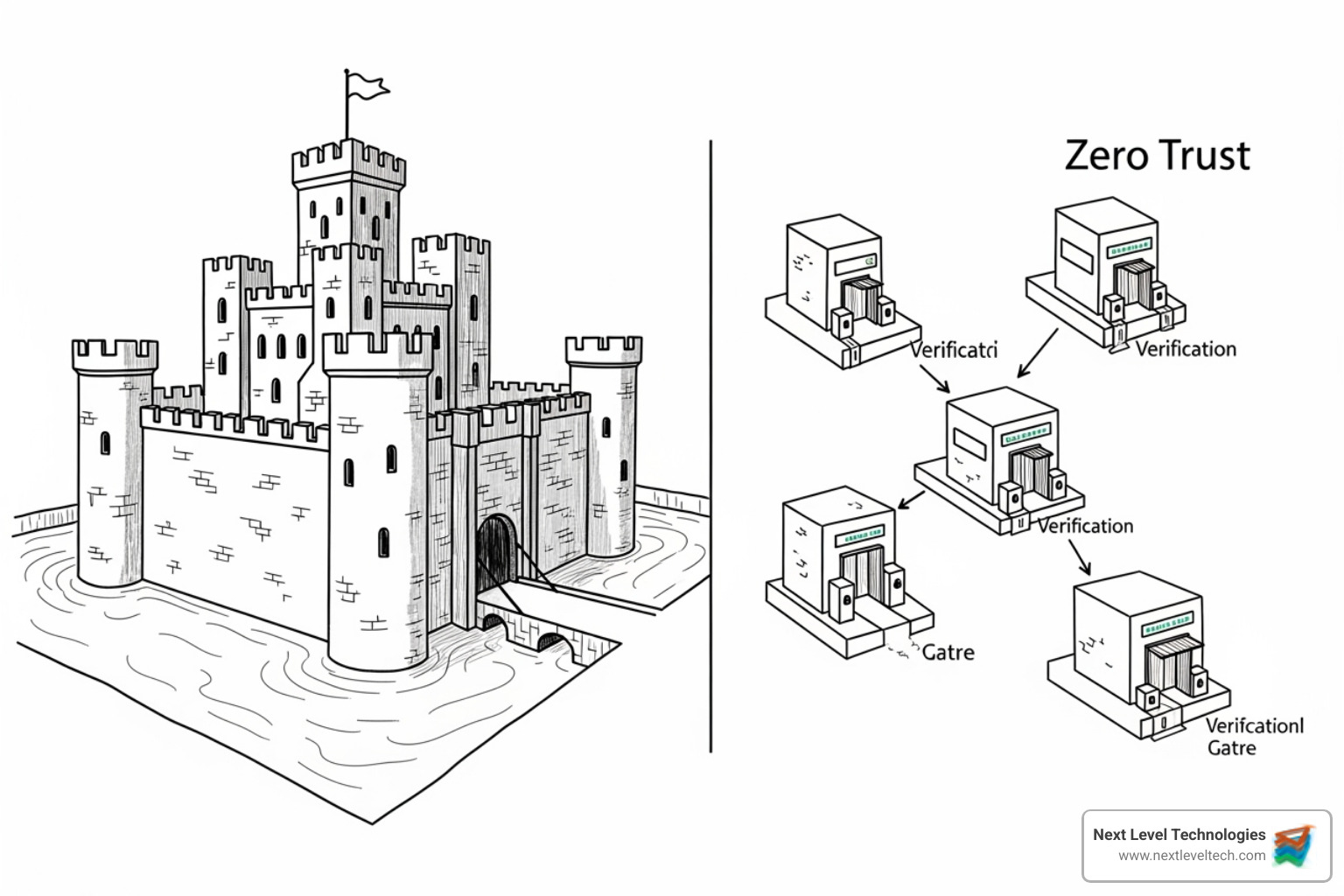 Diagram comparing a traditional castle-and-moat network to a Zero Trust model, illustrating the shift from perimeter-based security to identity- and context-based security. - remote work security solutions Diagram comparing a traditional castle-and-moat network to a Zero Trust model, illustrating the shift from perimeter-based security to identity- and context-based security. - remote work security solutions