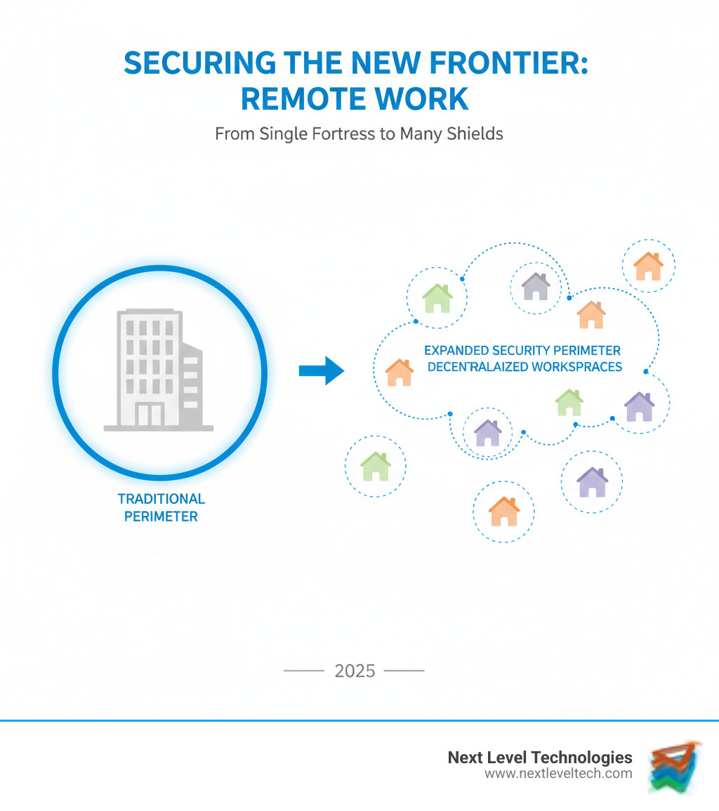 Infographic illustrating the expanded security perimeter of remote work, showing a traditional office building with a clear perimeter contrasted with multiple scattered remote worker homes, each representing a new, decentralized security perimeter. - remote work security solutions infographic Infographic illustrating the expanded security perimeter of remote work, showing a traditional office building with a clear perimeter contrasted with multiple scattered remote worker homes, each representing a new, decentralized security perimeter. - remote work security solutions infographic