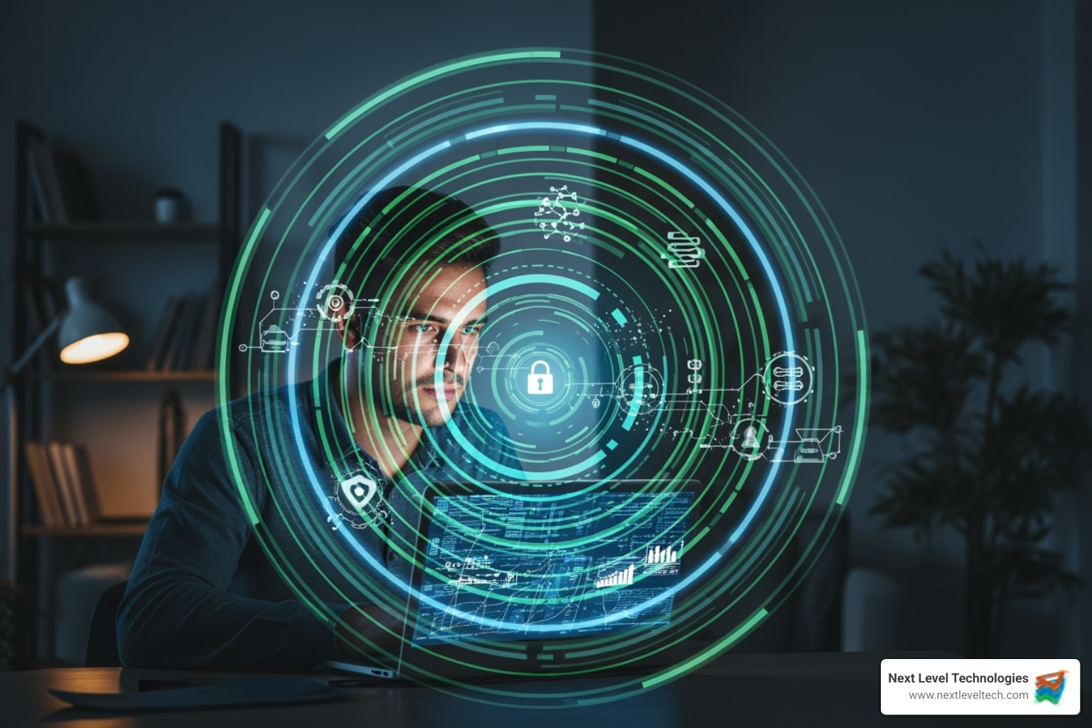 Layered security approach for a remote worker, showing concentric circles of protection around a central figure using a laptop - remote work security solutions Layered security approach for a remote worker, showing concentric circles of protection around a central figure using a laptop - remote work security solutions